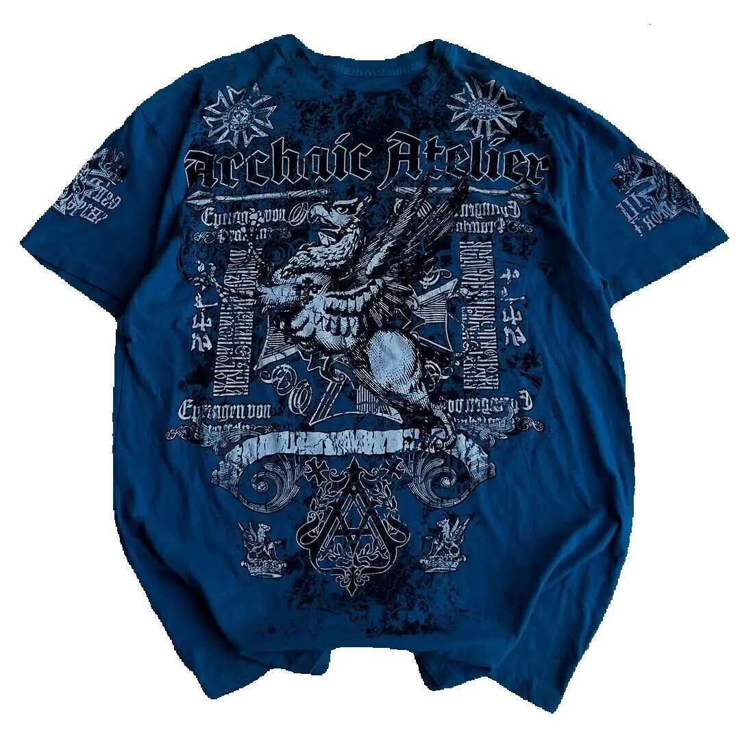 Men's short sleeved T-shirt, cotton, vintage streetwear, blue printed letters, hip-hop, gothic, punk, Y2K
