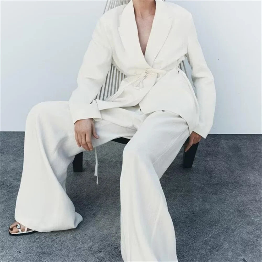 Womens Casual Elegant n European and American Retro Linen Blended Jacket Pants Set 250407