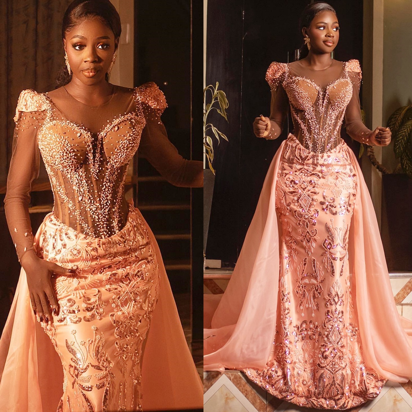 Aso Ebi Peach Mermaid Prom Dresses 2026 Beaded Detachable Train Sparkly Evening Formal Party Second Birthday Engagement Gowns Plus Size Dress For Spec