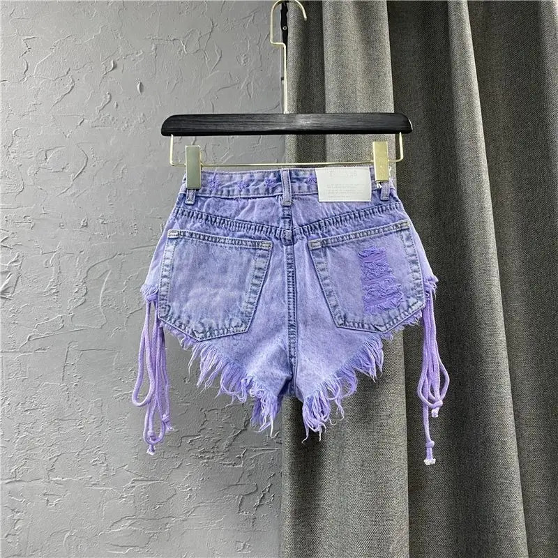 Summer Womens Purple Shorts Fashion Sexy Low Rise Single Breasted A-line Denim Shorts With Strap Pants Female 250407