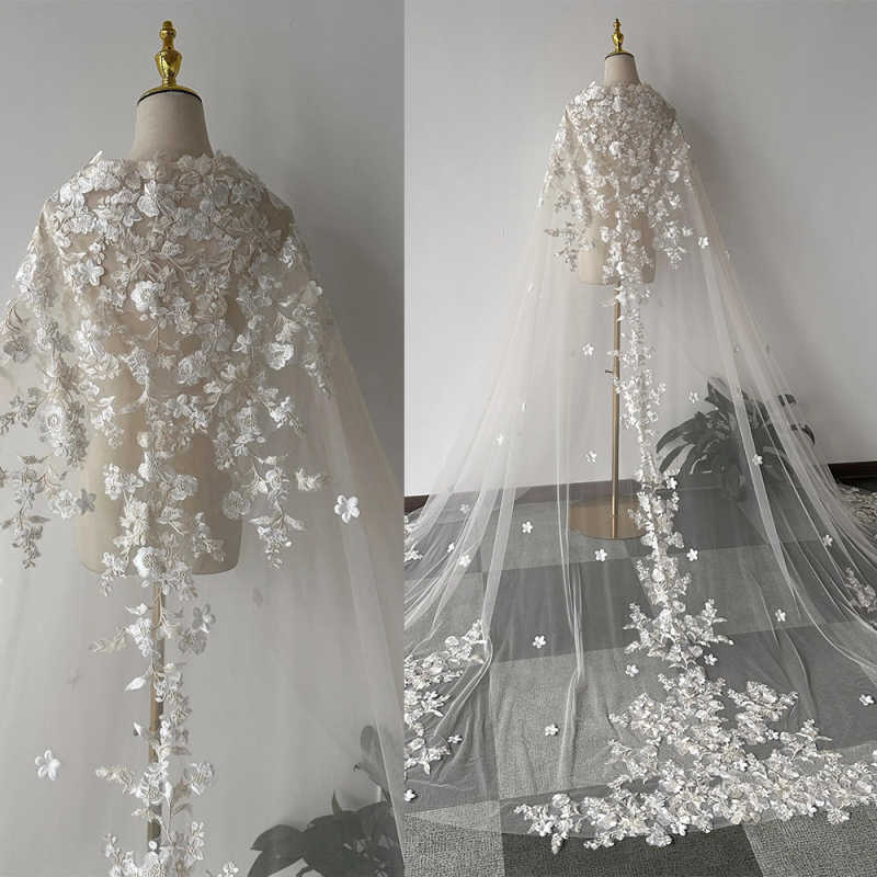 Delicate Wedding Bride Long Wraps Cape Lace Applique 3D Flowers Bridal Cloak Bridal Accessories Customized