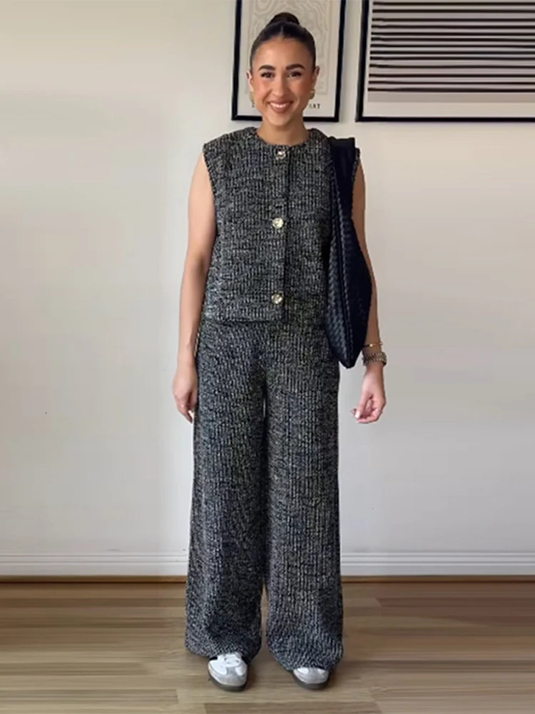 Knitted vest twopiece set womens casual sleeveless single chest cardigan wide leg Trouser spring minimalist loose suit 250407