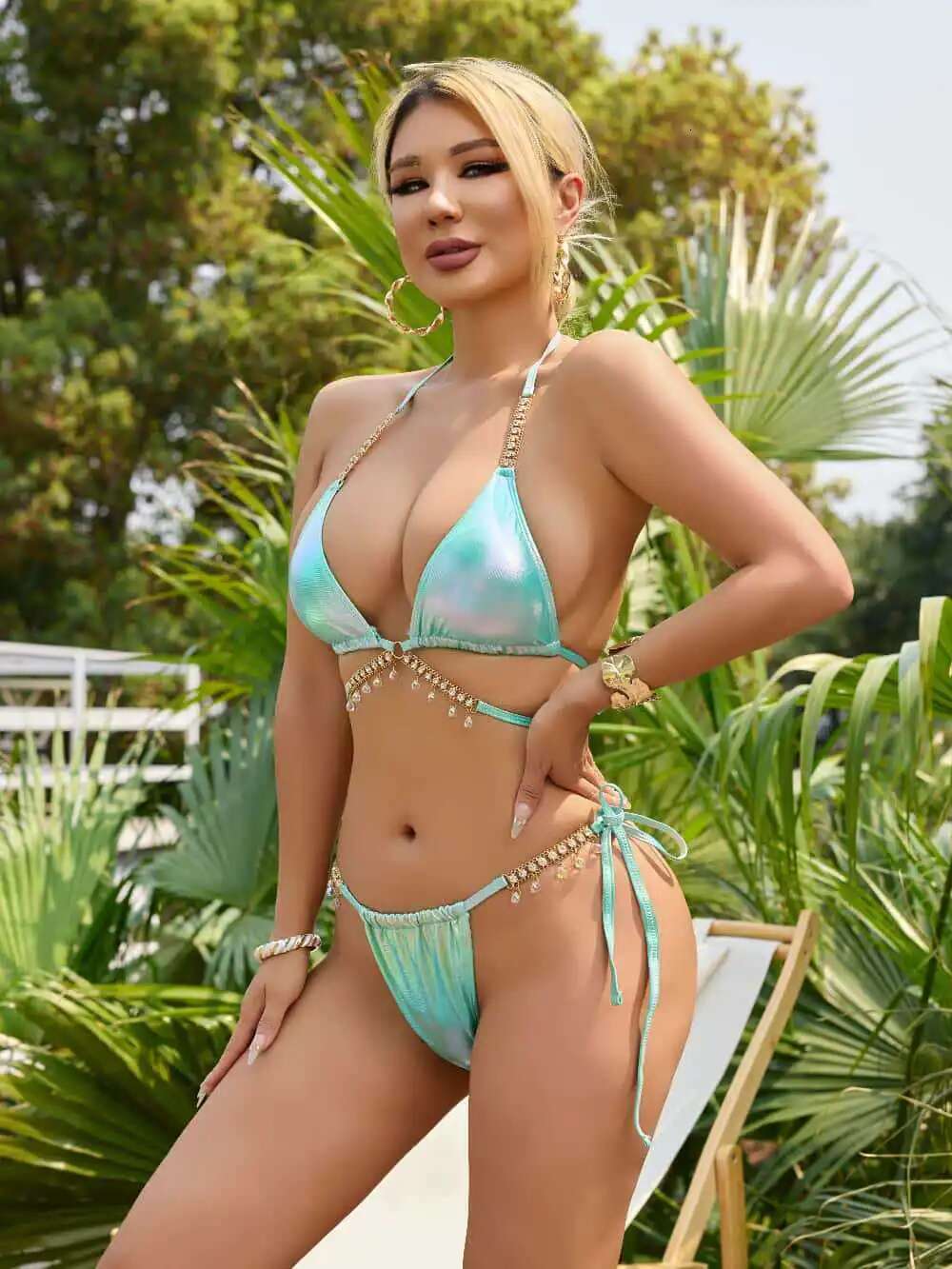 Dongdumaoyi Brozing Green Bikinis Sets Women Luxury Rhinestone Criss Cross Bandage Swimsuit Bathing Suit Diamond Thong Swimwear