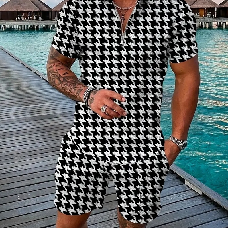 Mens 3D graphic printed polo shirt set for business and leisure activities summer styling 2piece plus size clothing 250324