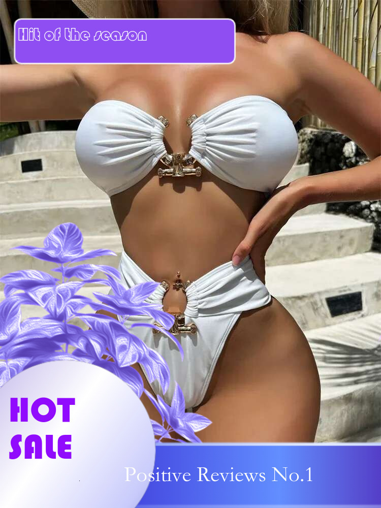 Dongdumaoyi Luxury Metal Designer High Waist Bikinis Sets Women Solid White Black Bandeau Push Up Swimwear Bathing Suit Thong Swimsuit