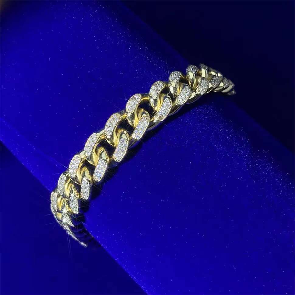 Iced Out 925 Silver Real 14K Yellow Gold Plated Round Cut Moissanite Zircon Diamond Cuban Link Bracelet for Mens