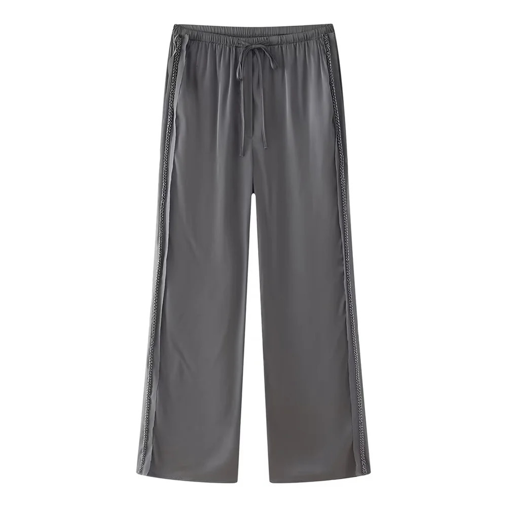 UNIZERA Summer Product Womens ed Beaded Decorative Silk Satin Texture Shirt High Waist Pants Set 250407