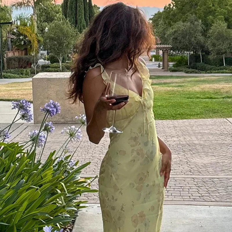 Womens floral Cami dress slim tie deep V-neck strapless spaghetti shoulder strap party club long dress 250402