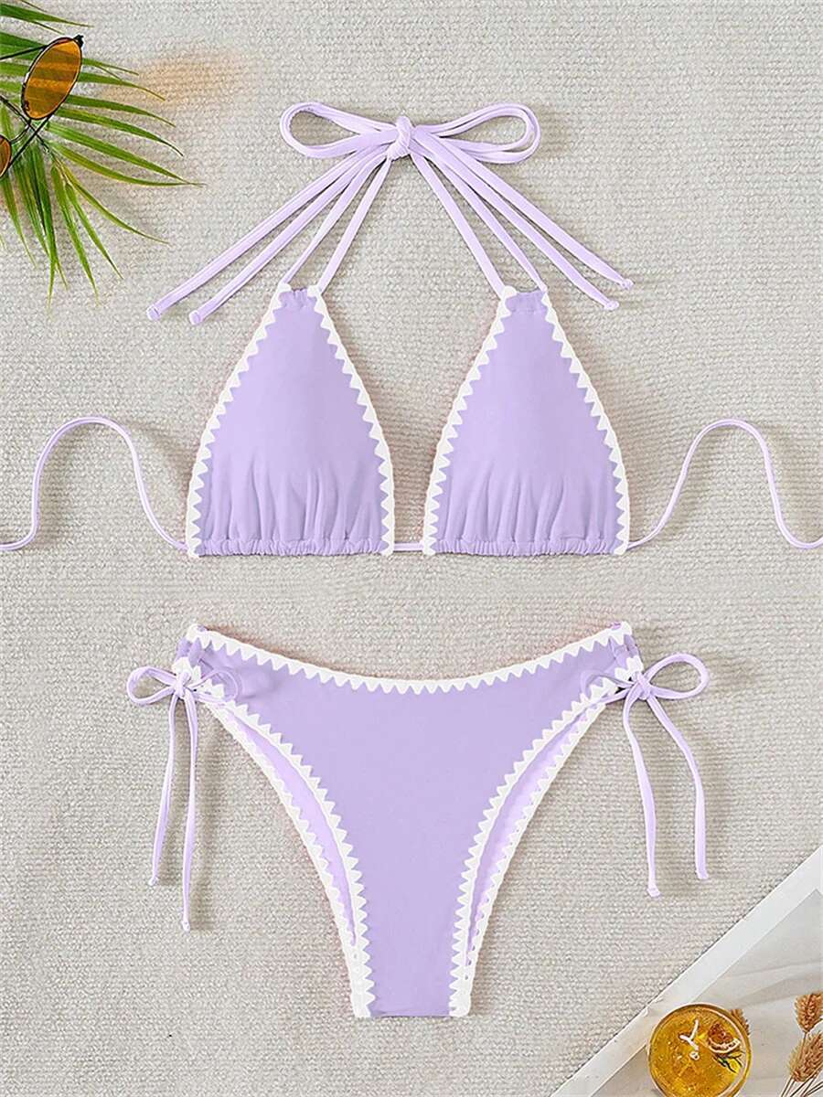 Dongdumaoyi Sexy Black White Contarst Bikini Set Women Push Up Bra Drawstring Side High Waist Swimsuit Beach Bathing Suit Mini Swimwear