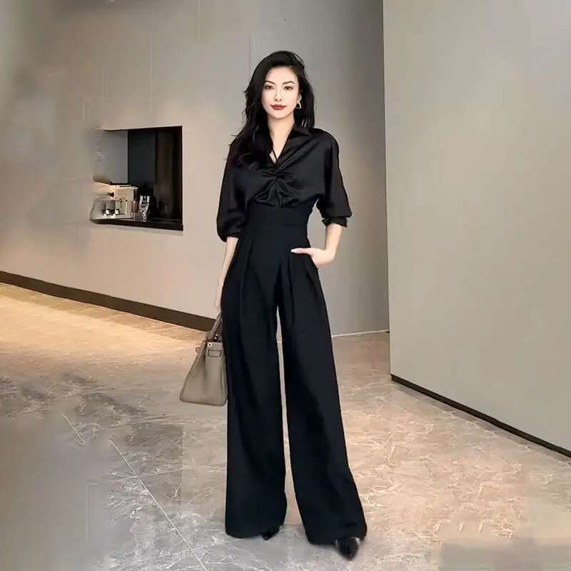 hoodie Women's Wear 2024 Black Design Wide-Leg Pants Women's Slimming Suit Pant Magic High Waist Loose Straight Drong Mopping Casual Trouser