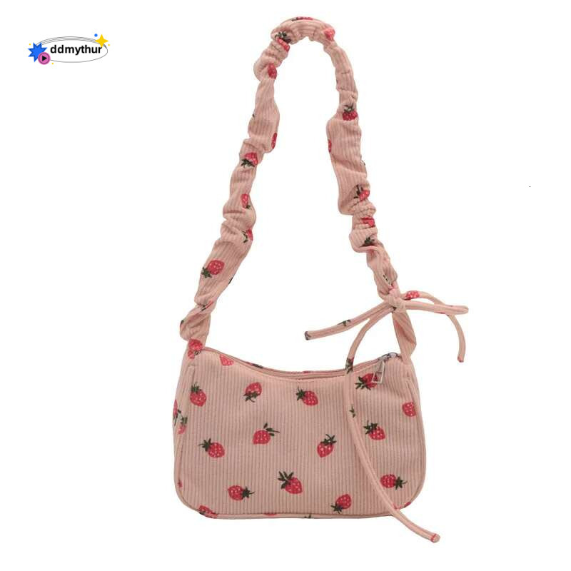 Women Small Underarm Bag Corduroy Handbag Cute Strawberry Print Little Tote Half Moon Design Eco Cloth Purse Mini Shoulder Bags ddmythur