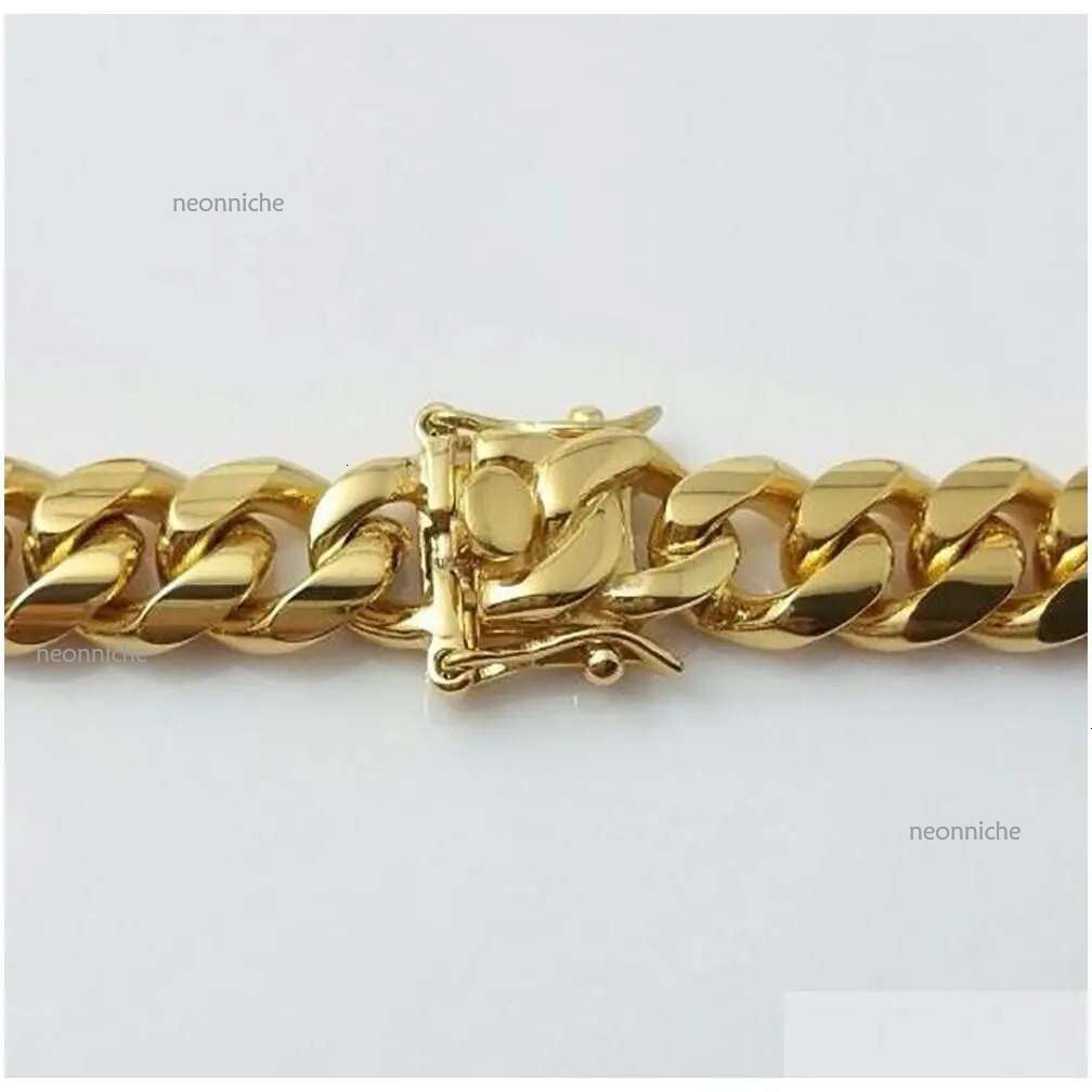 Chains Gold Plated Stainess Steel 10Mm 12Mm 14Mm Polished Miami Cuban k Necklace Men Punk Curb Chain Double Safety Clasp 18Inch Ot06H