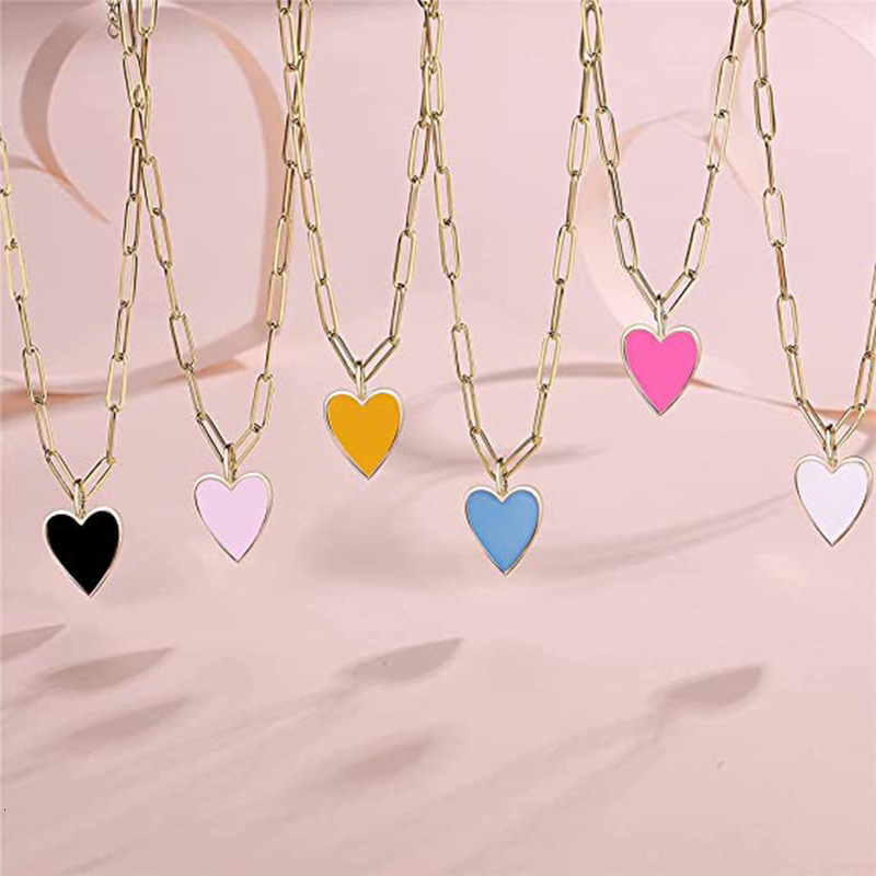 Top Source Colorful Heart shaped Jewelry Gold Plated Stainless Steel Paper Clip Cute Exquisite Necklace for Women, Youth and Girls