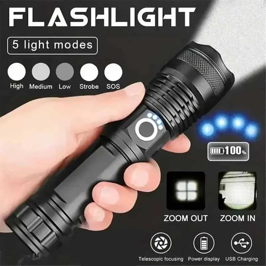 AL-Alloy Super 20000LM LED Flashlight USB Recharge Powerful Tactical Torch with 26650 Battery Handheld Lantern for Outdoor CampW251106