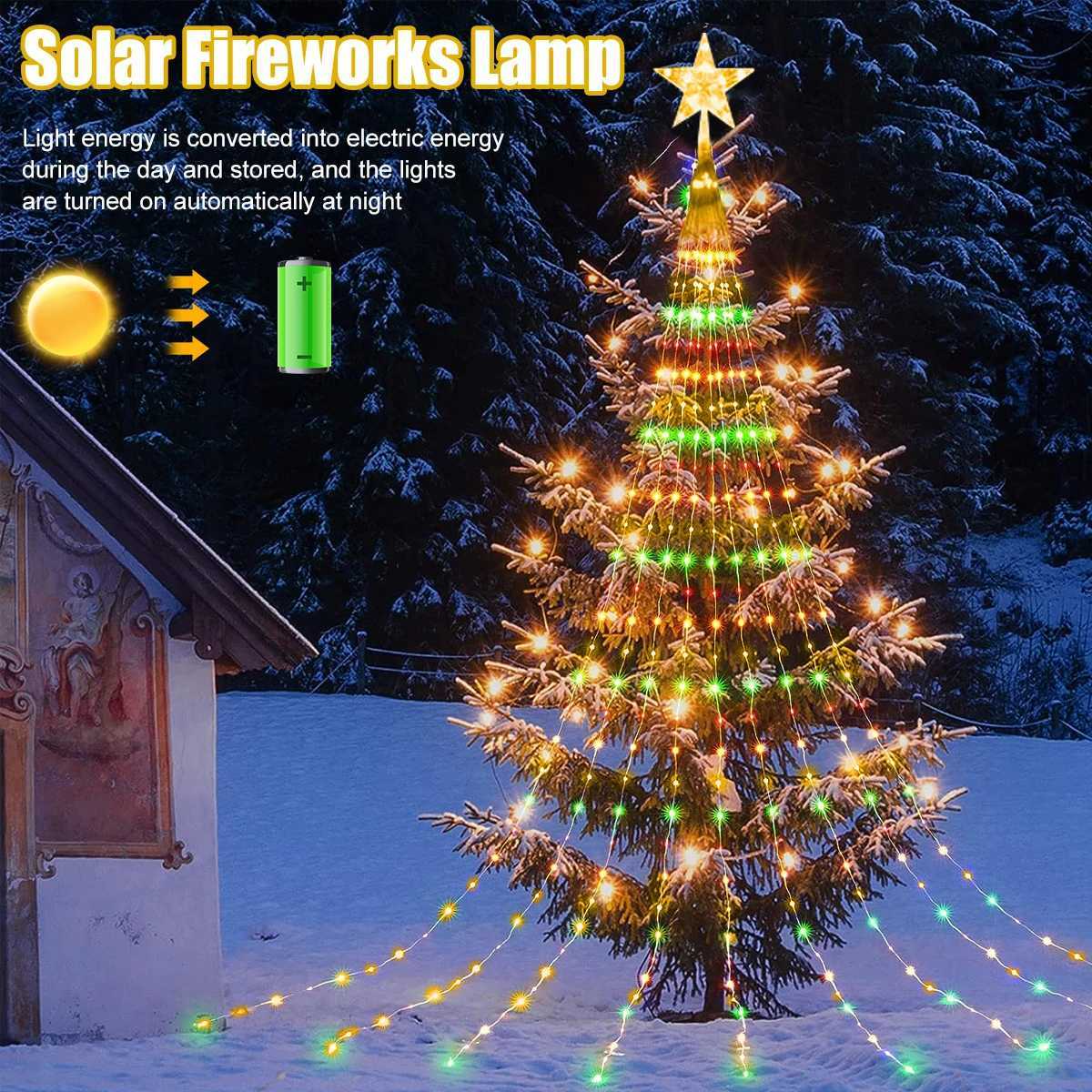 Solar Christmas Decoration Star String Lights 2/3M 8 Modes Waterfall Christmas Tree Fairy Lights for Outdoor Wedding Holiday W251107