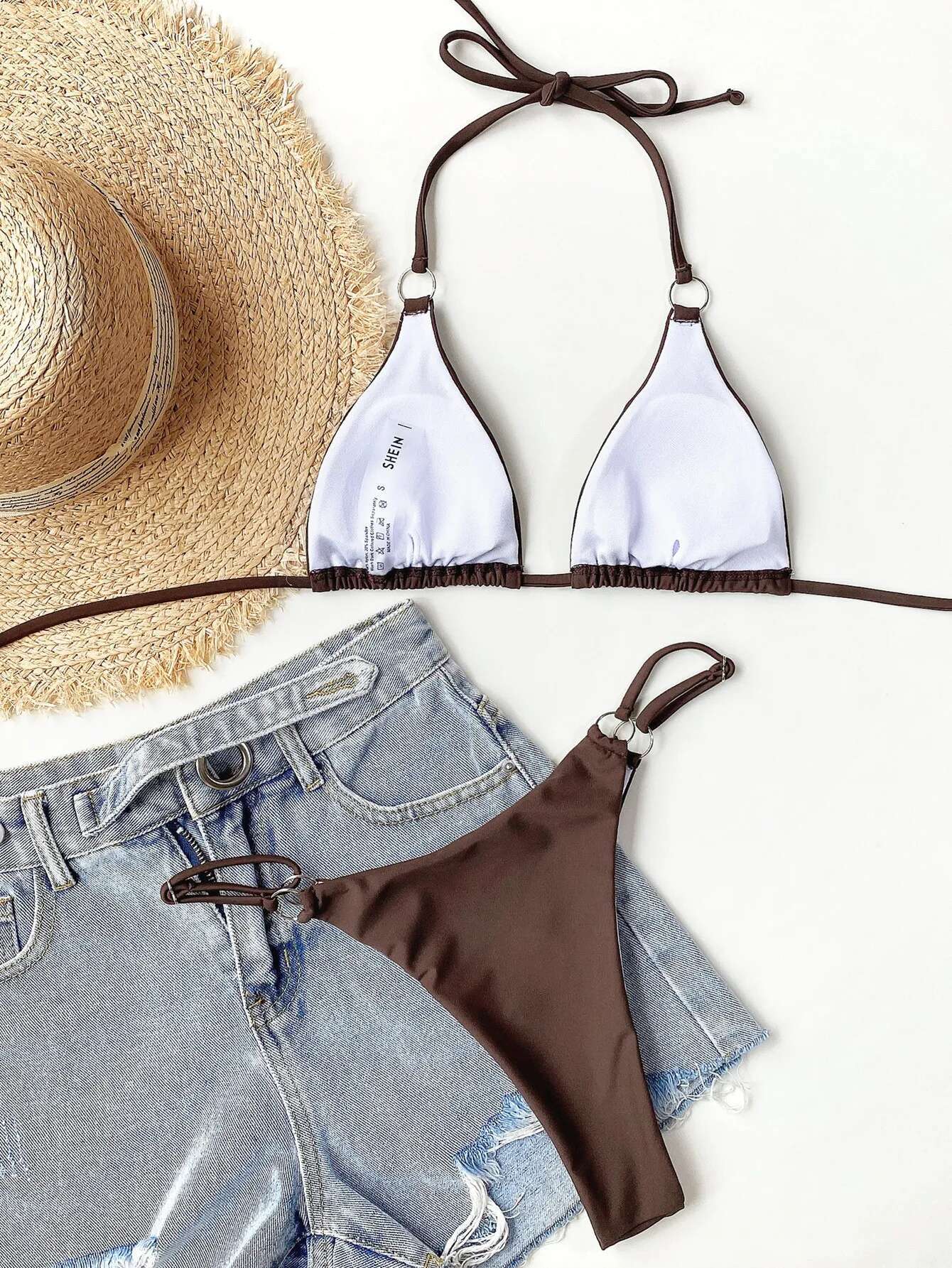 Dongdumaoyi Sexy Micro Bikini Women Brown Wine Metal Ring Linked Push Up Triangle Swimsuit Brazilian Beach Bathing Suit Thong Swimwear