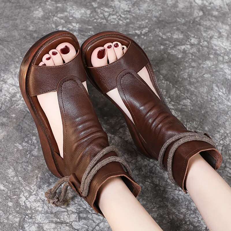 Retro Sandals Fashion Leather Boots Breathable Platform Designer Mid Heels Women Wedges Shoes Sandalias Mujer