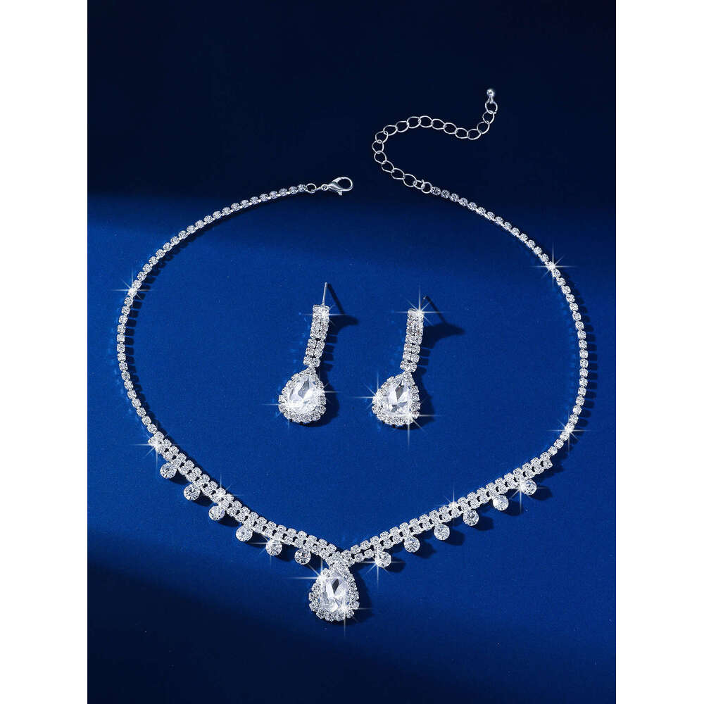 High end water droplet studded collarbone chain, niche sparkg tassel full dia necklace two-piece set