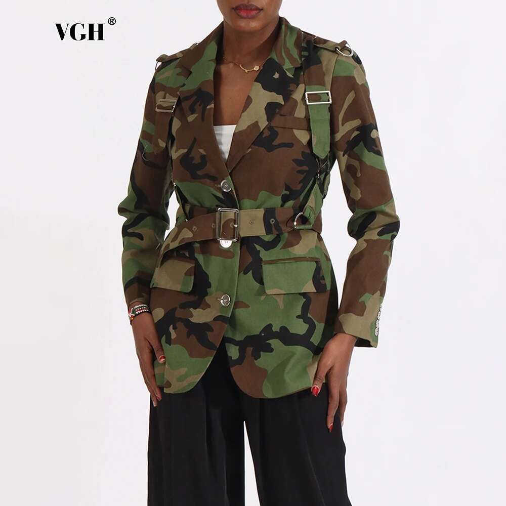 VGH Hit Color Camouflage Spliced Belt Jackets For Women Notched Collar Long Sleeve Patchwork Button Casual Coats Female Style