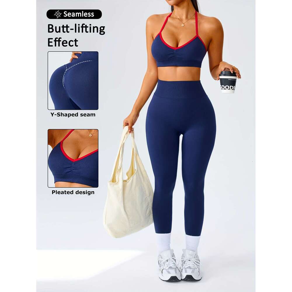 2Pcs Seamless Women's Sportswear Set, Contrast Color Halter Neck Detachable Padded Sports Bra And High-Waisted Butt Lifting Leggings - Soft & Com