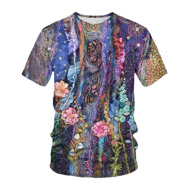 Men's short sleeved round neck T-shirt, fashionable streetwear, 3D printed cards and flowers