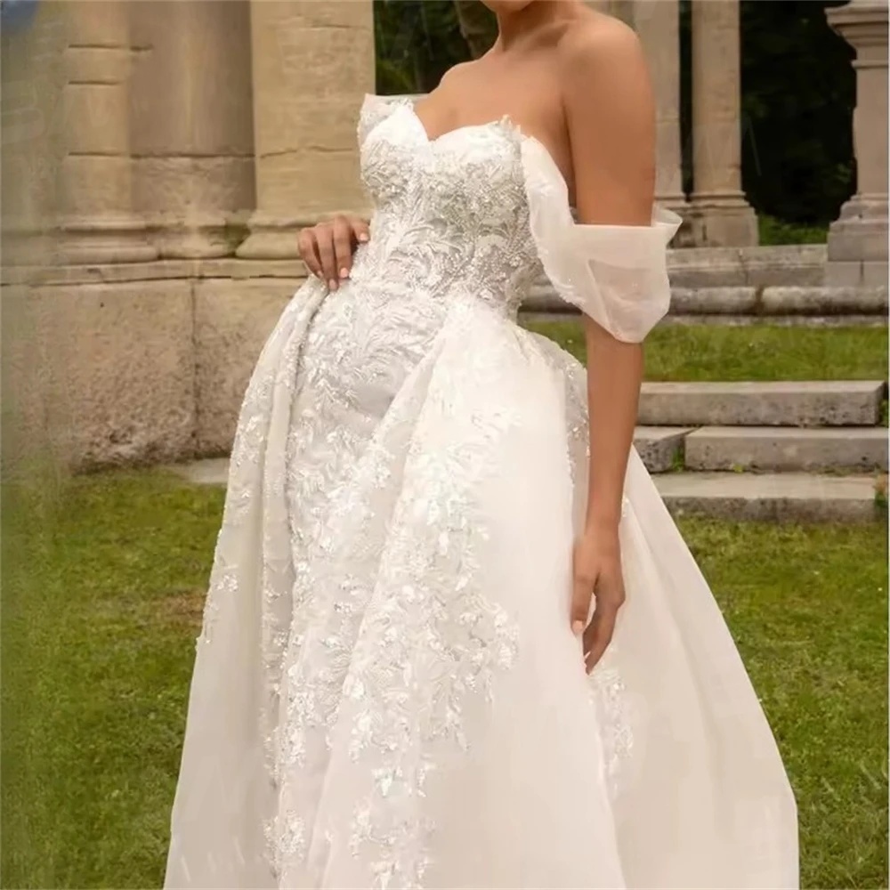 Classic A Line Women Wedding Dress Sweetheart Neck Off Shoulder Bridal Gowns Sequins Appliques Detachable Train Dress Custom Made