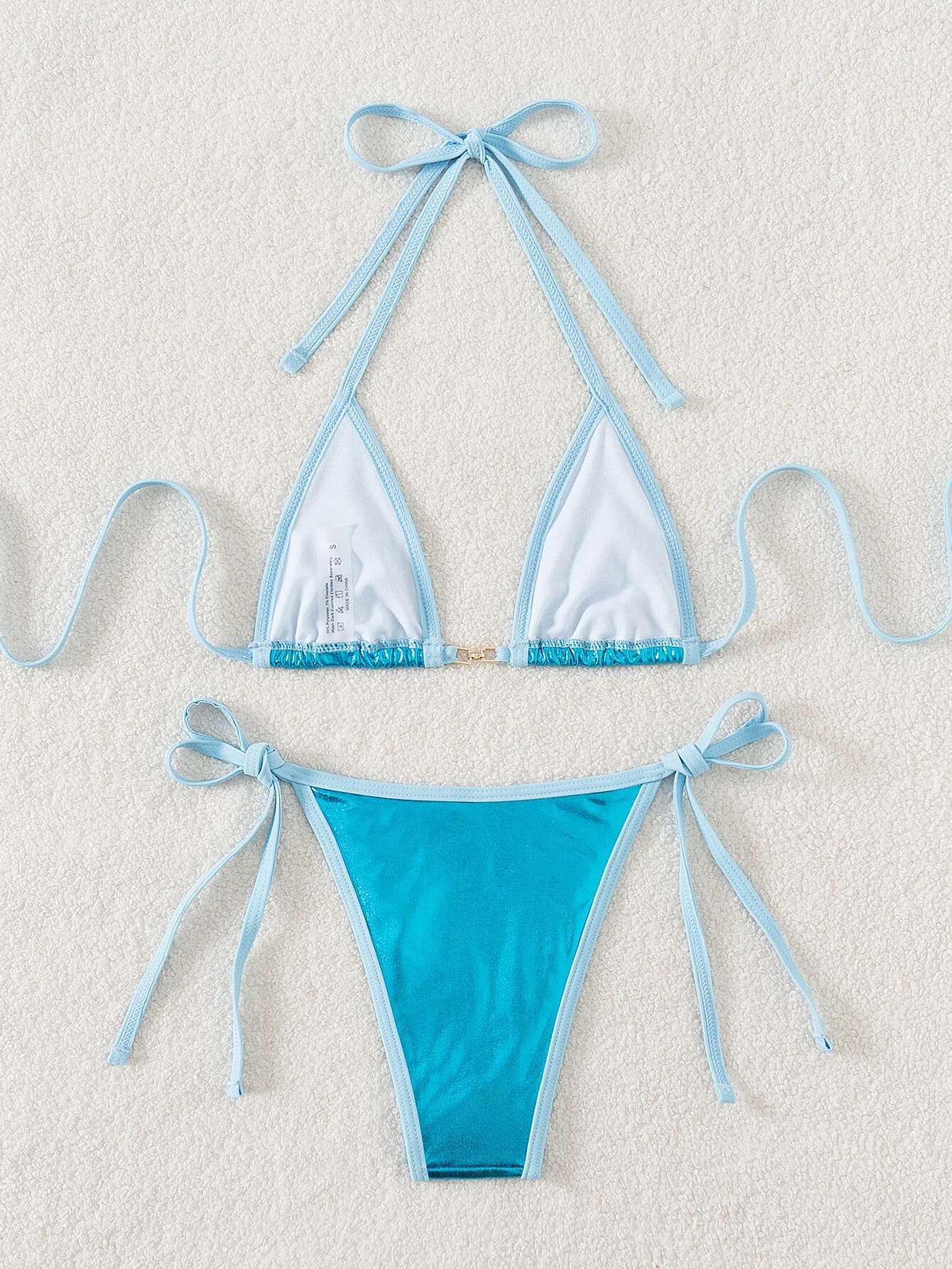 Dongdumaoyi Sky Blue Piece Mini Bikini For Women New Glossy Fabric Triangle Cup Suspender Backless Swimsuit Summer Bathing Suit