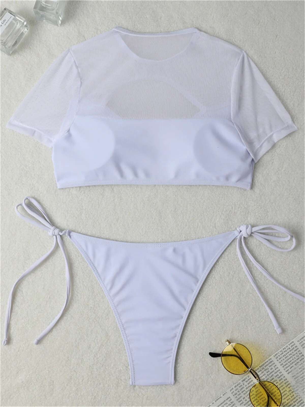 Dongdumaoyi Sexy Swimsuit Women Bikinis Black Mesh Short Sleeve Rhinestone Heart Designer Push Up Bikini Bathing Suit Thong Swimwear