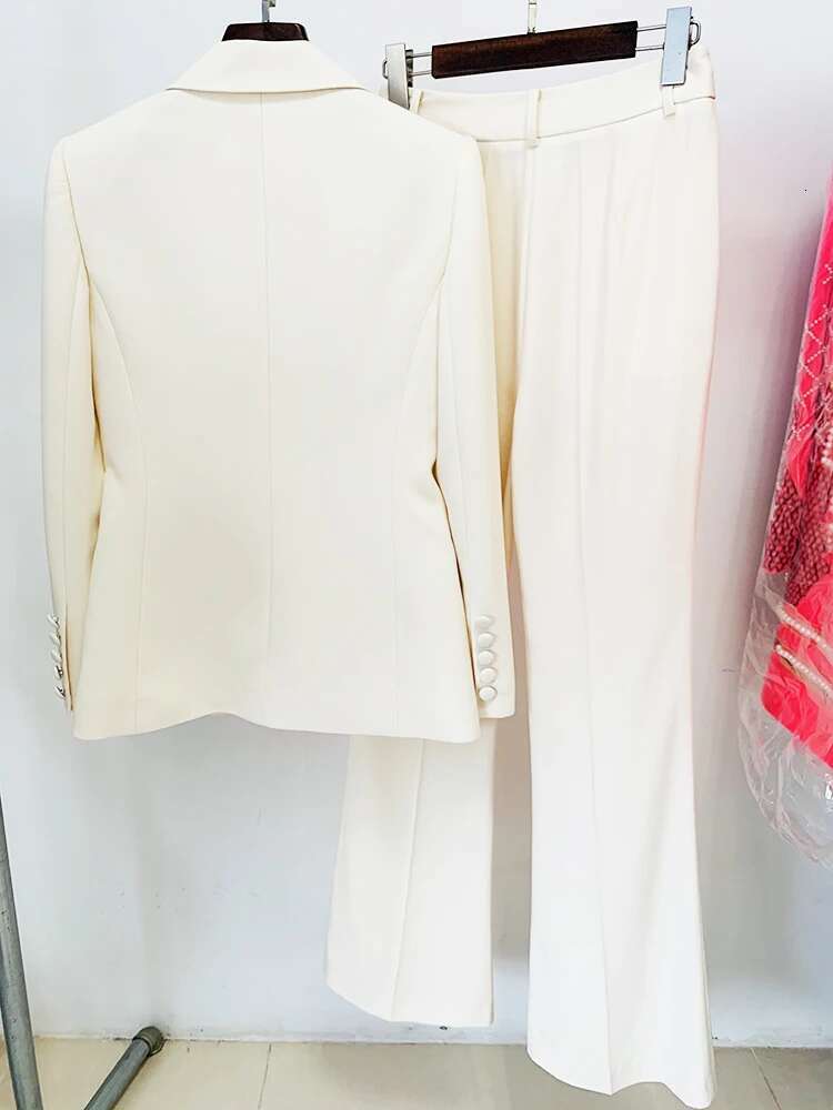 Newest Designer Runway Suit Women's Single Button Metal Block Blazer Flare Pants Set