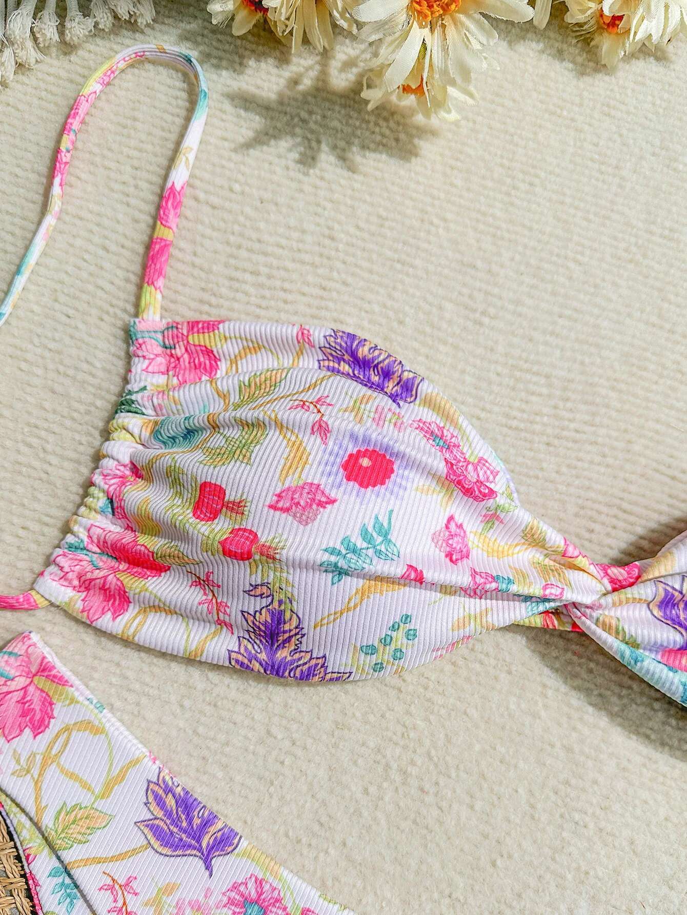 Dongdumaoyi Women Pink Floral Print Bikini Swimsuit Sexy Front Bow Push Up Micro Swimwear Brazilian Beach Bathing Suit Thong Bikinis