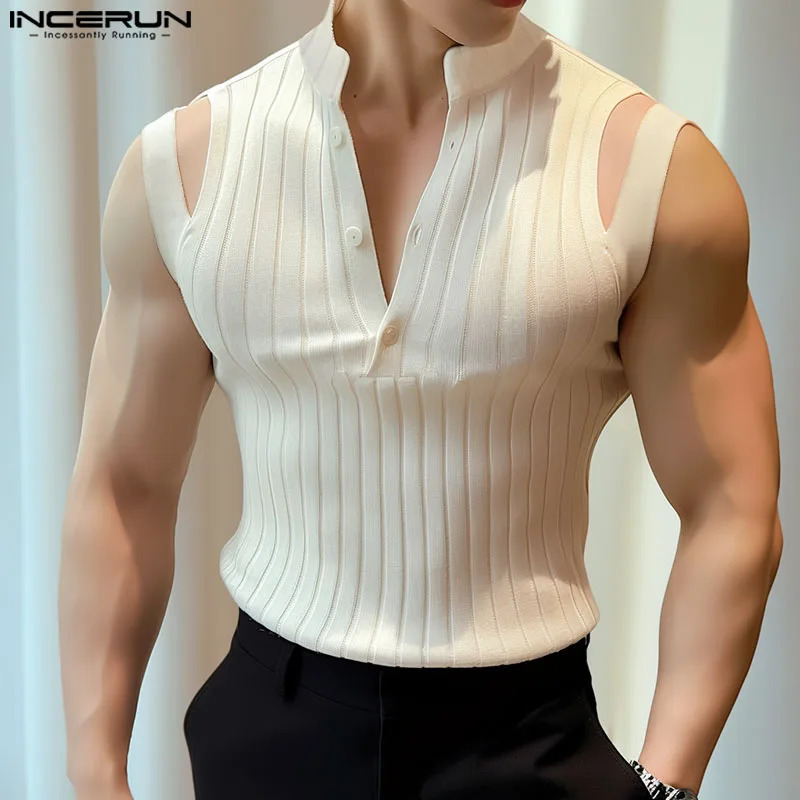 INCERUN Mens Tank Top Solid Color V-neck Sleeveless Hollow Knitted Mens Street Tank Top Fashion Casual Mens Wear 250403