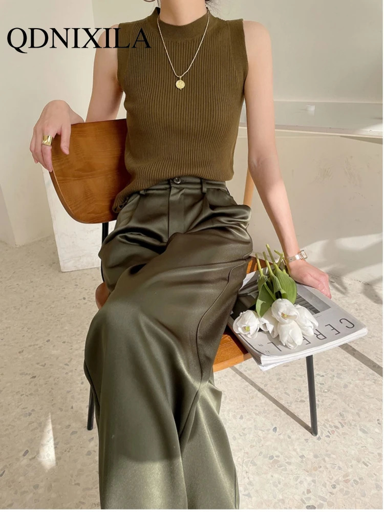 Summer and autumn womens loose classic black straight high waist casual Korean silk satin wide leg womens pants 250402