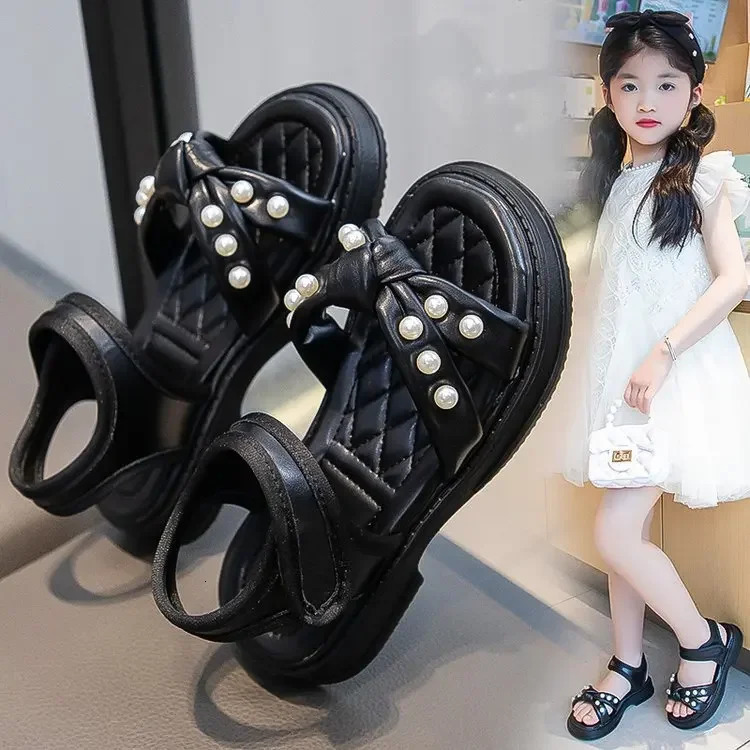 Little Girls Sandals 2025 Summer Princess Shoes with Pearl for Party Wedding Kids Anti Slip Knot Beach Shoes for Vacation 250407