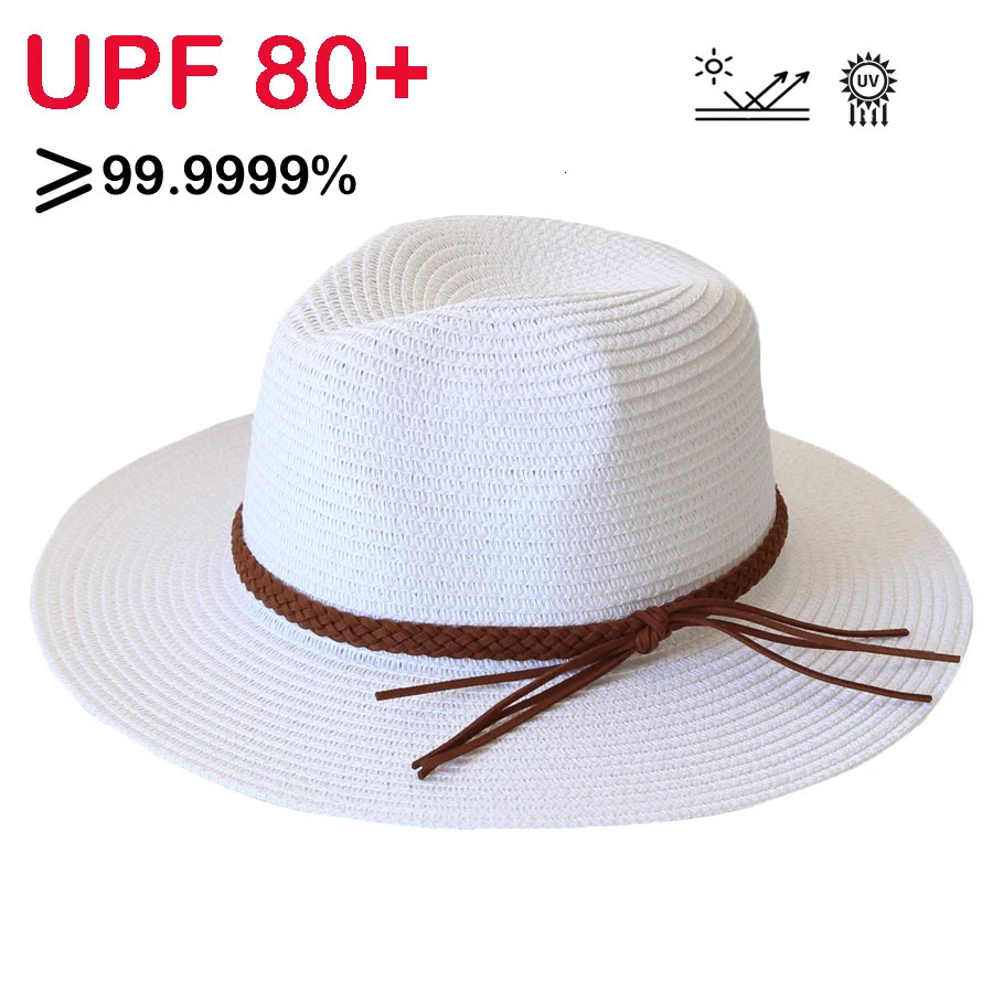 Womens Wide Brim Straw Panama Hat Fedora Summer Beach UV Protective Sun UPF 250326