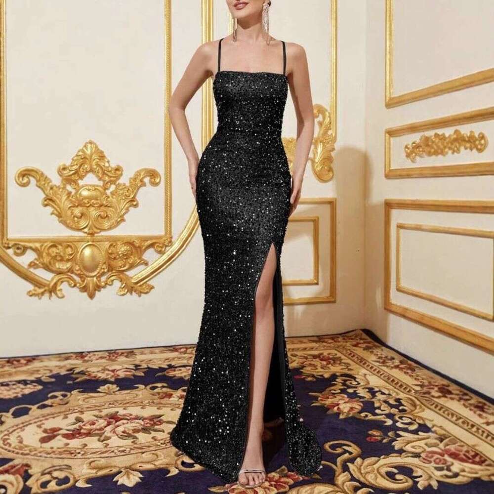New Cross-Border Trade Women's High-Waisted Sexy Sequin Split Bridesmaid Dress Strap Evening Gown