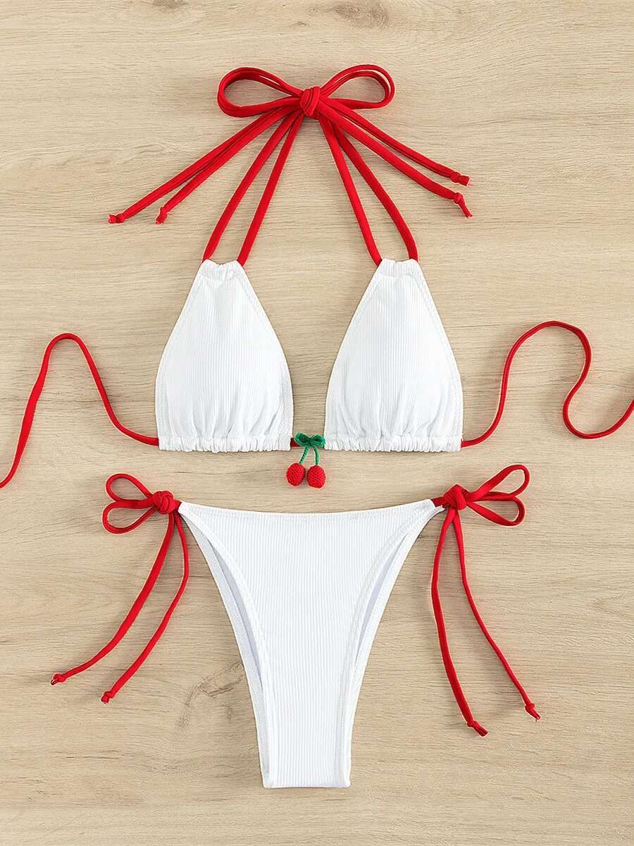Dongdumaoyi Strawberry Designer Bikini Women Sexy White Contrast Push Up Micro Swimsuit Brazilian Bandage Bathing Suit Thong Swimwear