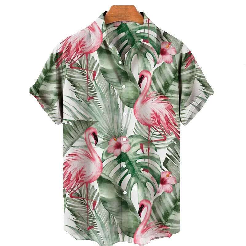 TRCALE Jungle Pink Flamingo Printed Hawaiian Men's Shirt, Summer Short Sleeve Top, Haruku, Collar Button, Loose Shirt