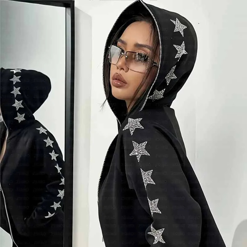 Y2K rhinestone zipper oversized sweater for women autumn Gothic hooded sweatshirt black jacket streetwear tops 250403