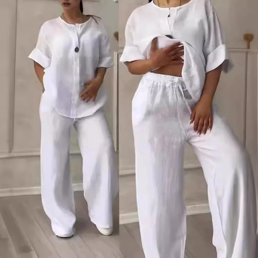 Cotton linen set of 2 pieces selling casual long sleeved button down loose shirt and high elasticity wide leg loose pants set NMD-3021 250401