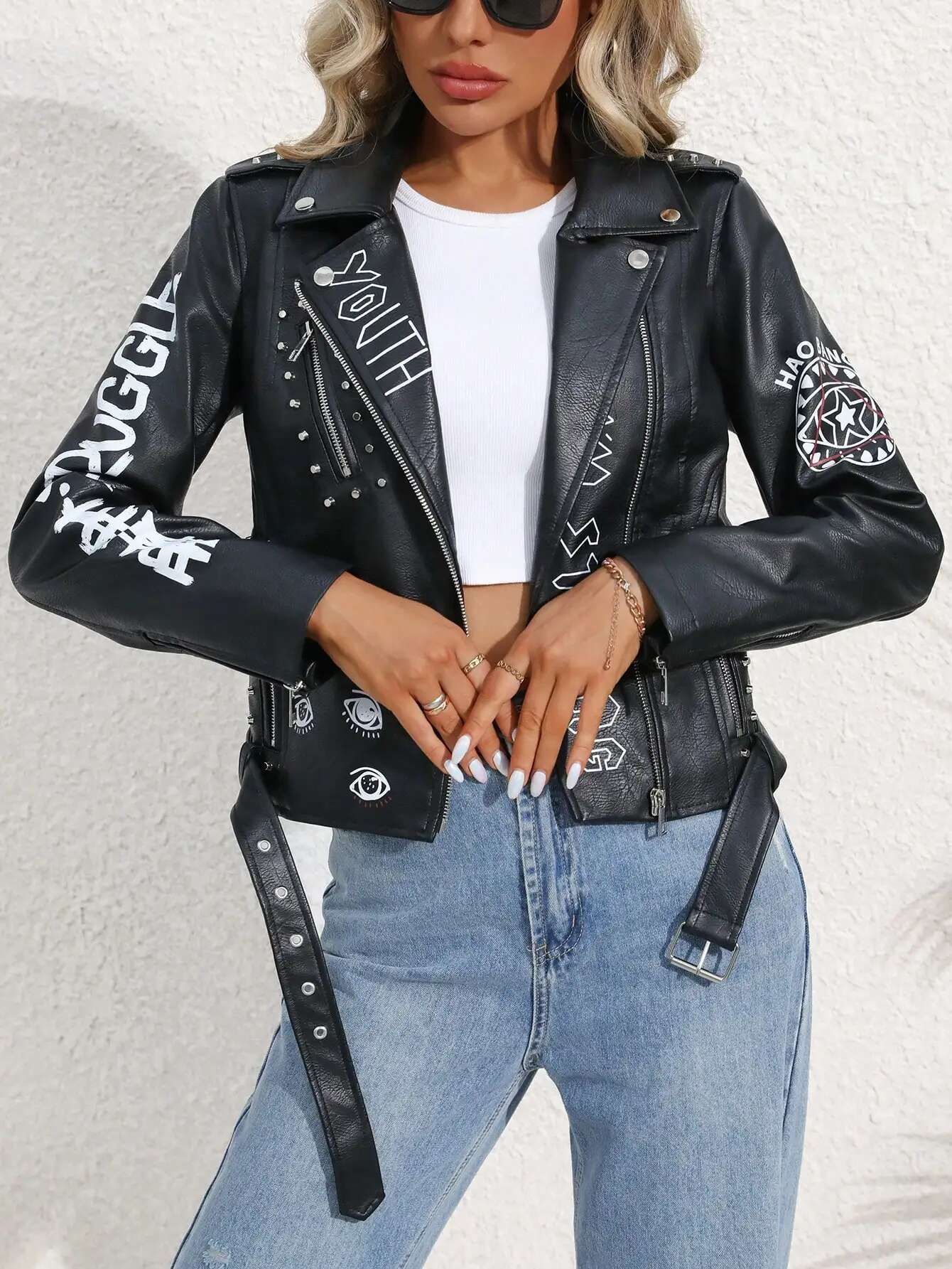 Fitaylor Women Faux PU Jacket Casual Lady Lapel Zipper Graffiti Print Leather Coat Moto Bike Rivet Outwear