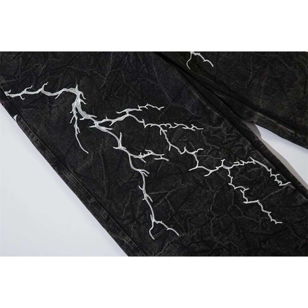Lighing Embroidery Jeans Mens High Street Washed Distressed Loose Wide Leg Denim Pants Men Trousers