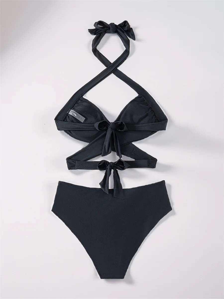 Dongdumaoyi Sexy Halter Cross Bandage Bikinis Sets Women Black Hollow Out High Waist Swimsuit Beach Bathing Suit Two Piece Swimwear