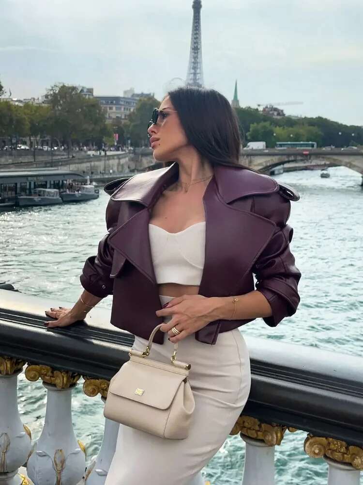2025 New Women Bury Lapel Leather Jackets Fashion Casual Loose Pockets Long Sleeve Coats Spring Female High Street Outerwear