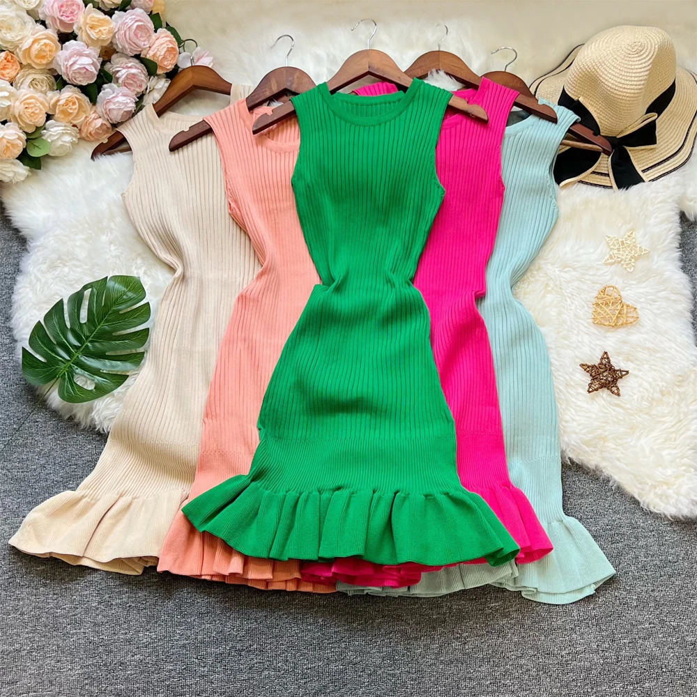 YuooMuoo Fashion Sexy Set Hips Ruffle Mini Dress Womens Summer Ultra Thin Elastic Knitted Party Dress Street Clothing Womens Set 250402