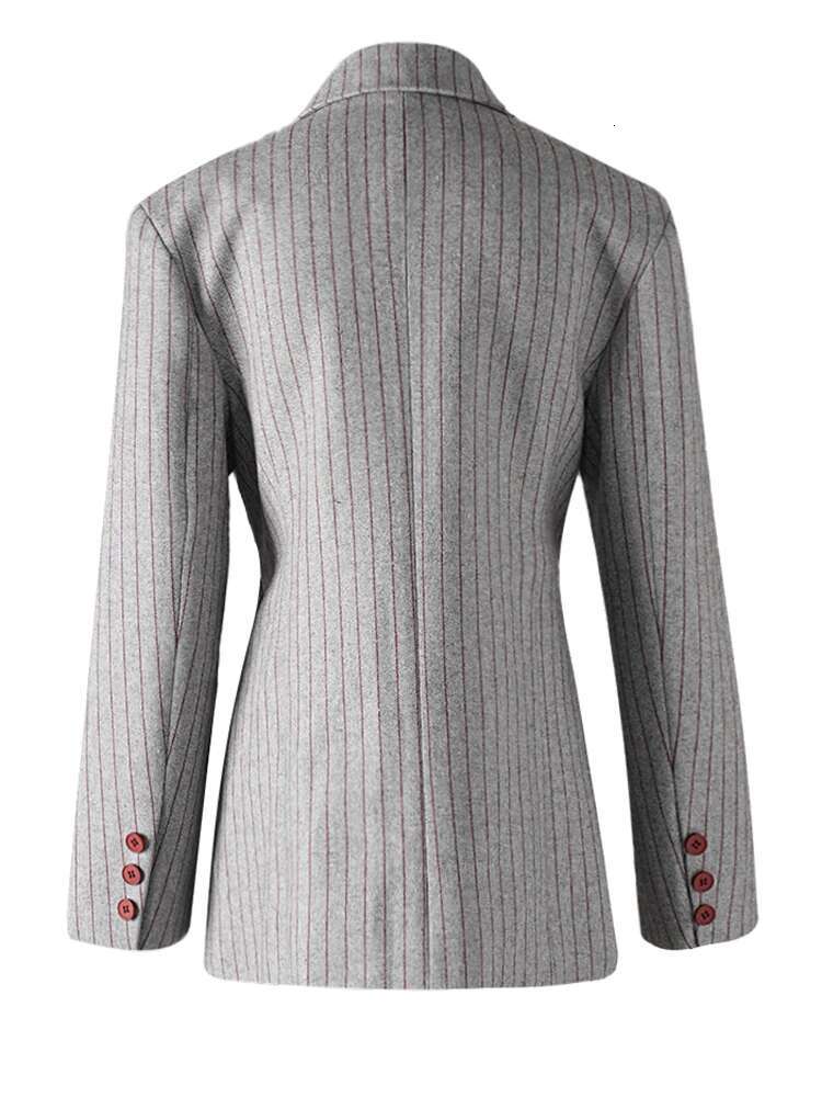 EAM Women Gray Striped Irregular Pleated Elegant Blazer New Lapel Long Sleeve Jacket Fashion Tide Spring Autumn 2025 Cpdb342