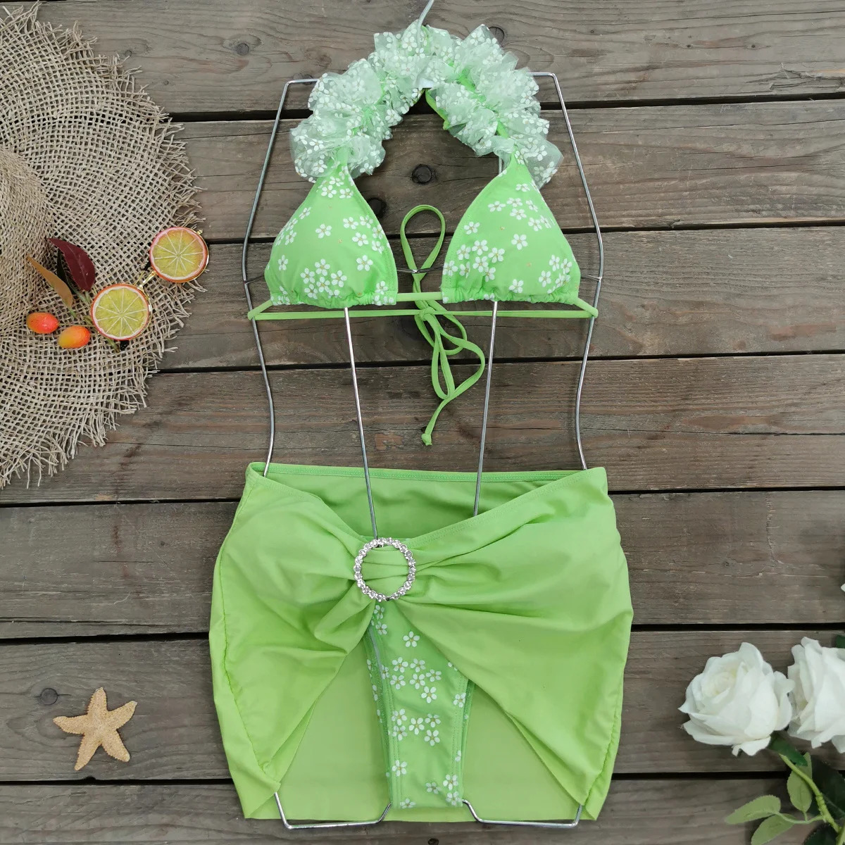 Three piece Bikini Set Coverage Swimsuit Low waist Womens Printed Tropical 250313