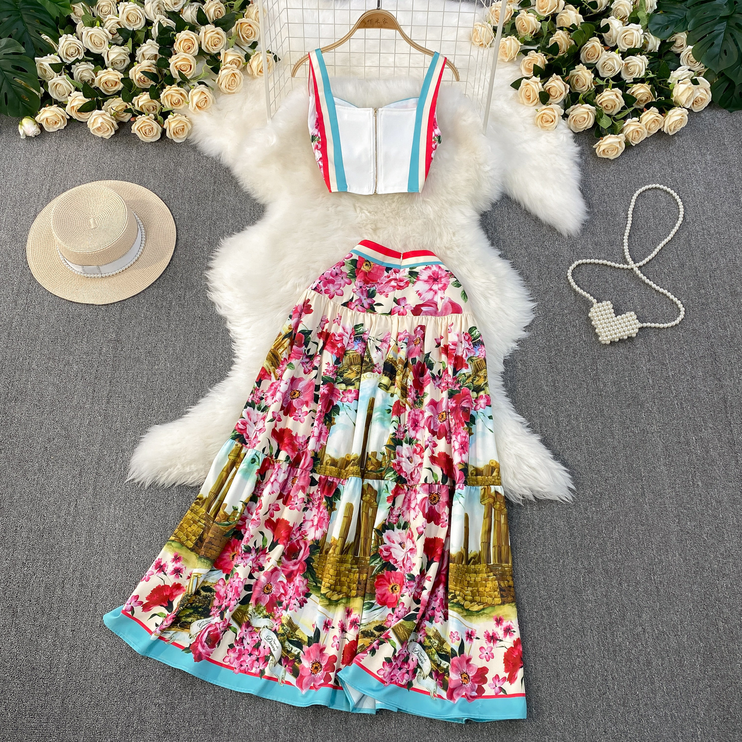 Two Piece Dress Summer Boho Beach Holiday Two Piece Set Women Skirt Suit Sexy Strapless Crop Top And High Waist Pleated Long Skirt Outfits 230801