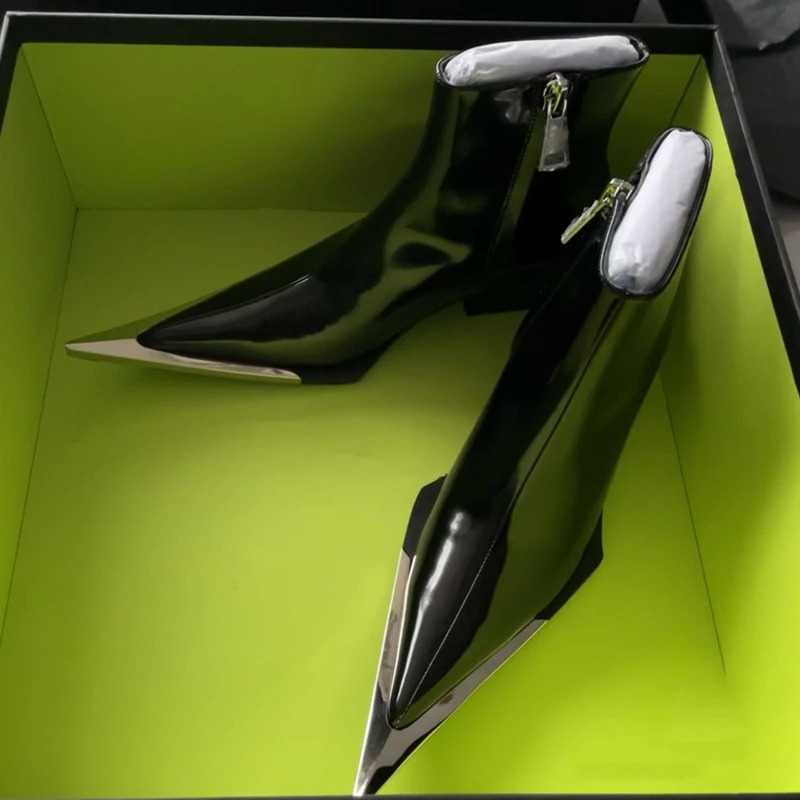 2025 Side Zipper Fashion Womens Ankle Boots Metal Pointed Toe Ladies Shoes Crude Heel Western Cowboy 251103