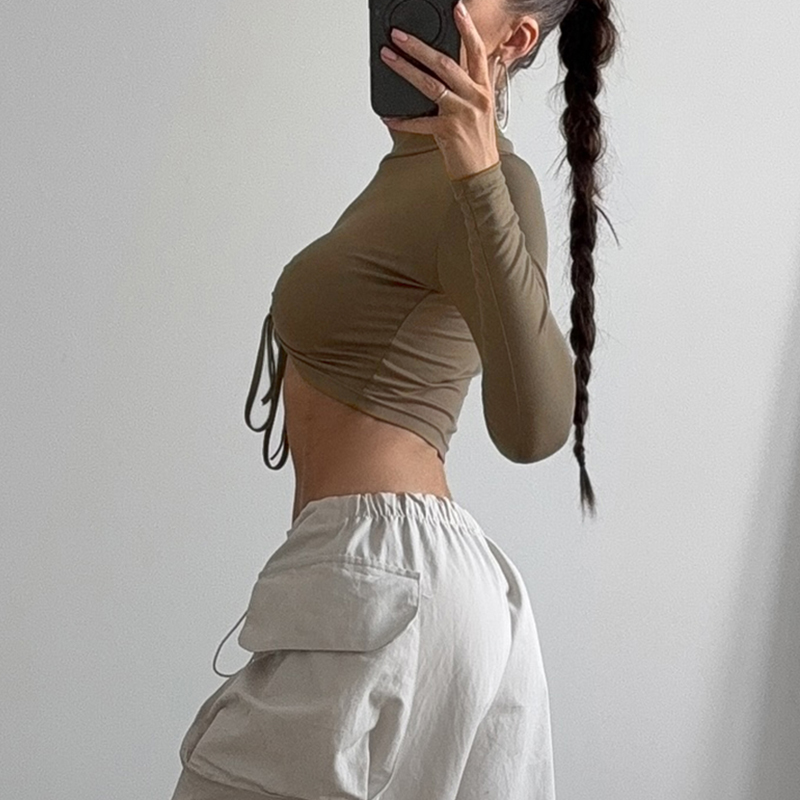 Women's solid color pullover top with pleats on the chest, autumn women's clothing, hot-selling indoor and outdoor four-season sportswear---