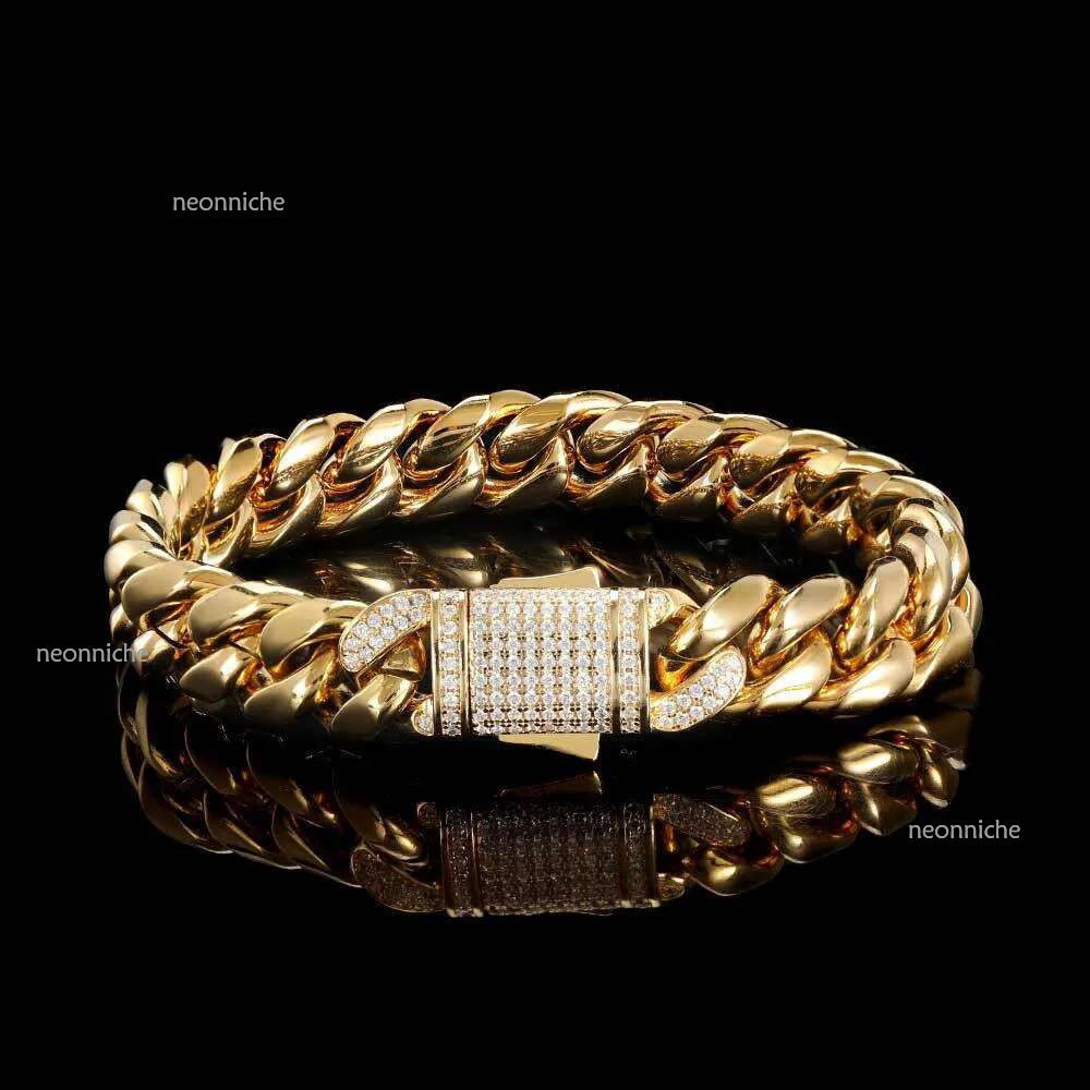 Designer Bangle Top Bg 14k gold Moissanite dia Spring Buckle Hip Hop Titanium Stainless Steel Cuban Chain Bracelet For Men Women Jewel Gift